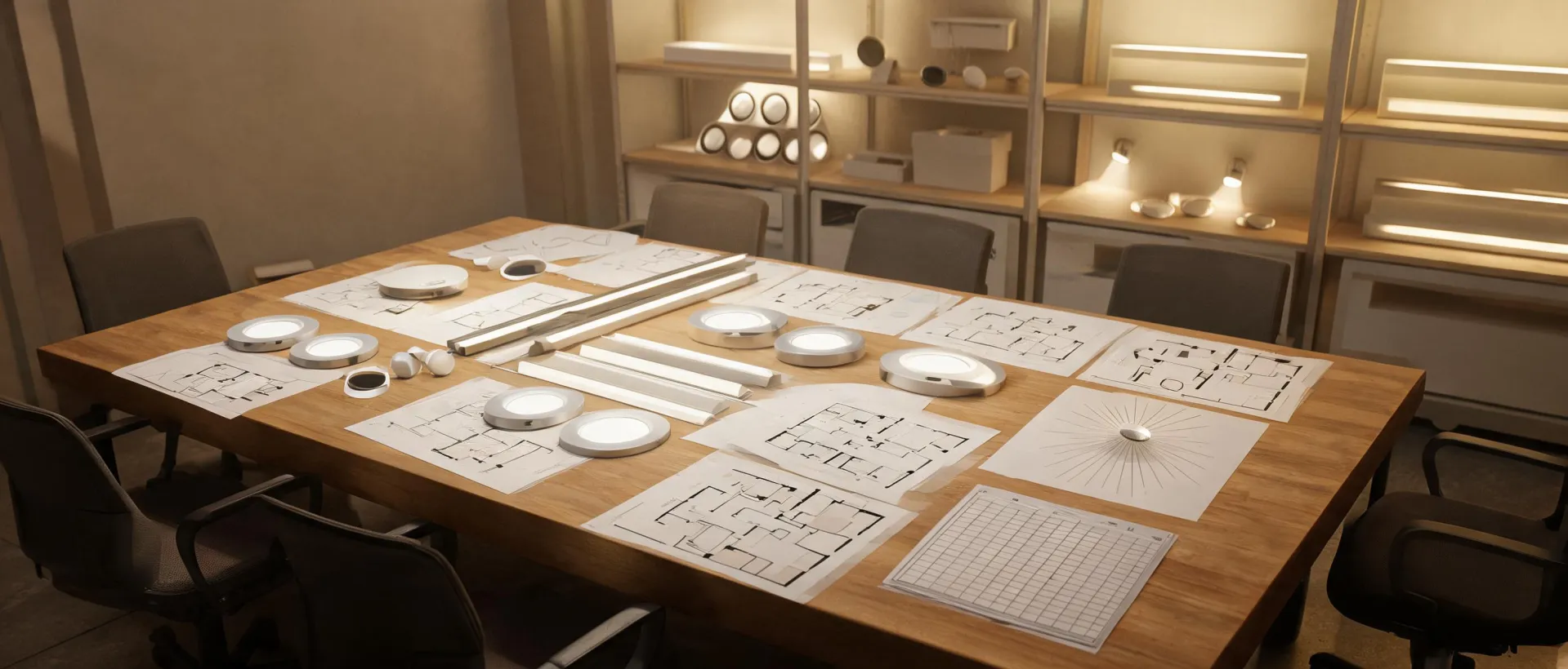 Lighting samples and room plans arranged for selection