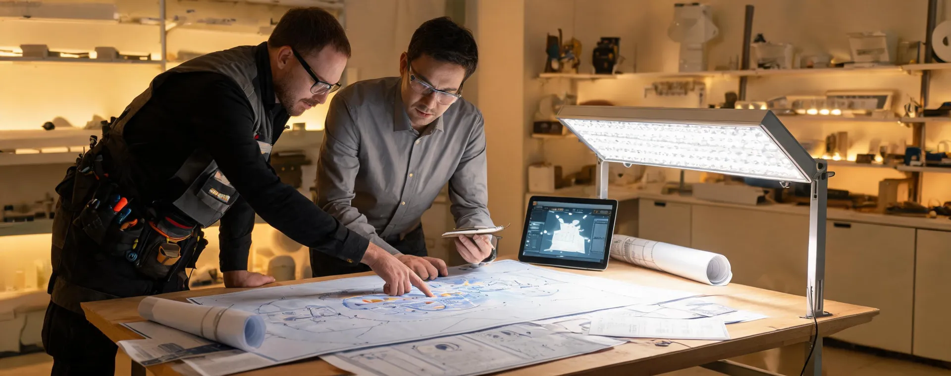Lighting engineer reviewing photometric plans